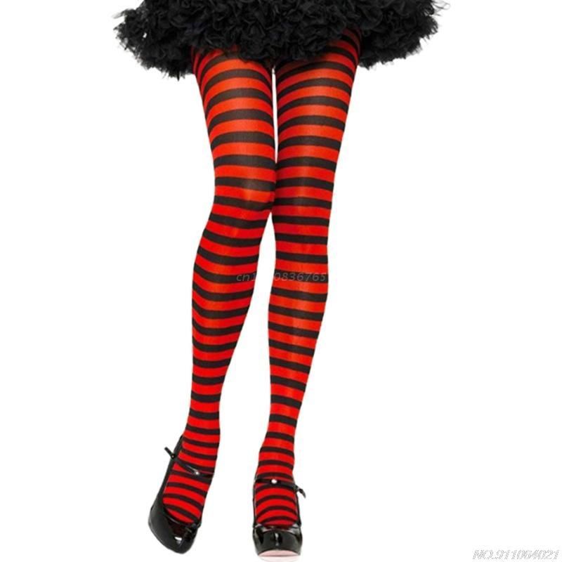 Women Girls Rainbow Striped Tights Opaque Stockings Full Length Slim For Christmas Halloween Cosplay Red Black