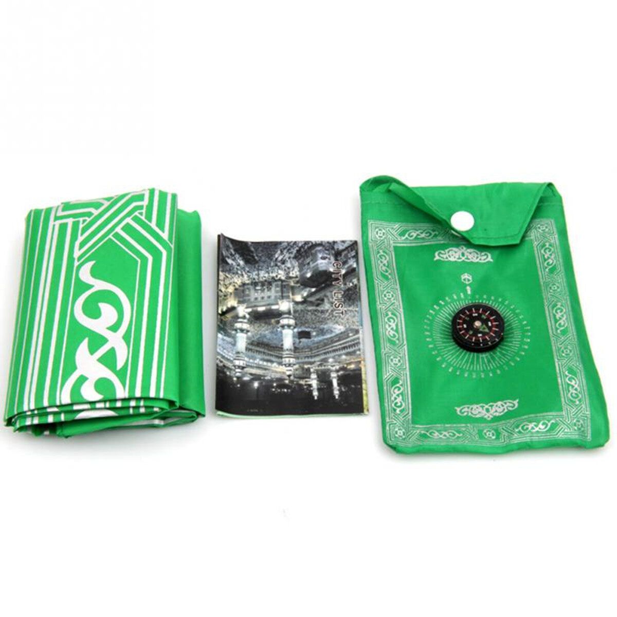 Eid Mubarak Islamic Muslim Pocket Prayer Rug Mat Travel Lightweight PVC Plastic Blanket Green