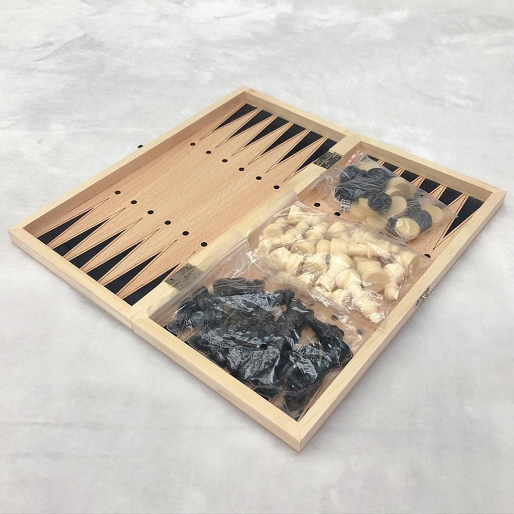 Folding Wooden Chess Board And Two Type Draughts Round Pieces Set