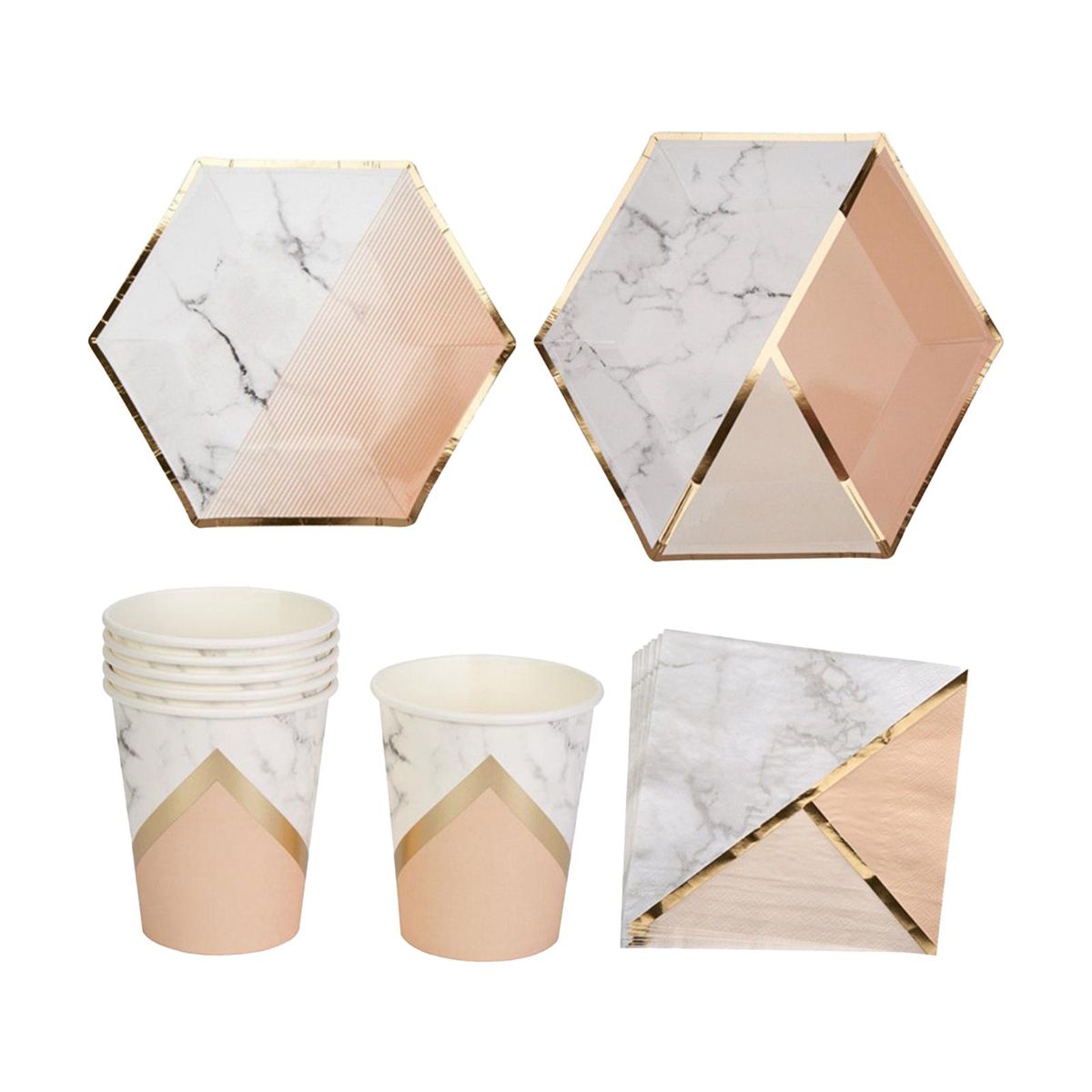 Disposable Tableware Set for 8 Guests Marble Pattern Disposable Paper Dinnerware Hexagon Plates Cups Napkins for Birthday Weddings Celebrations Kids Party