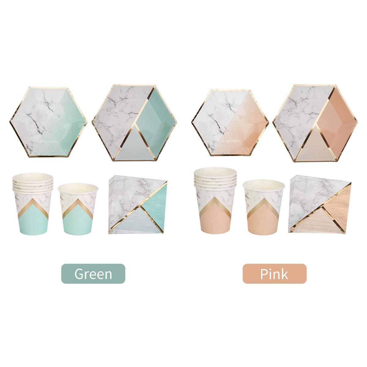 Disposable Tableware Set for 8 Guests Marble Pattern Disposable Paper Dinnerware Hexagon Plates Cups Napkins for Birthday Weddings Celebrations Kids Party