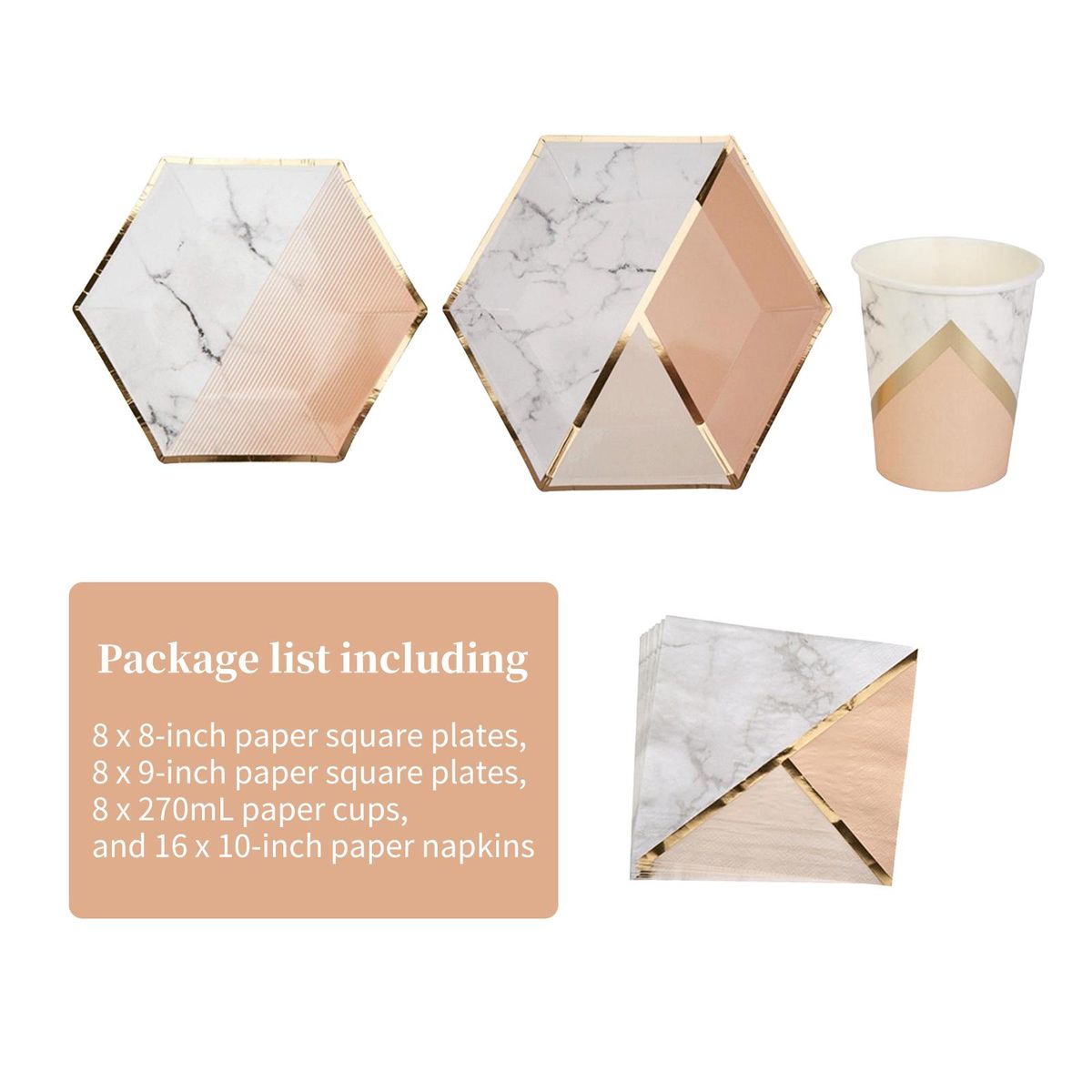 Disposable Tableware Set for 8 Guests Marble Pattern Disposable Paper Dinnerware Hexagon Plates Cups Napkins for Birthday Weddings Celebrations Kids Party