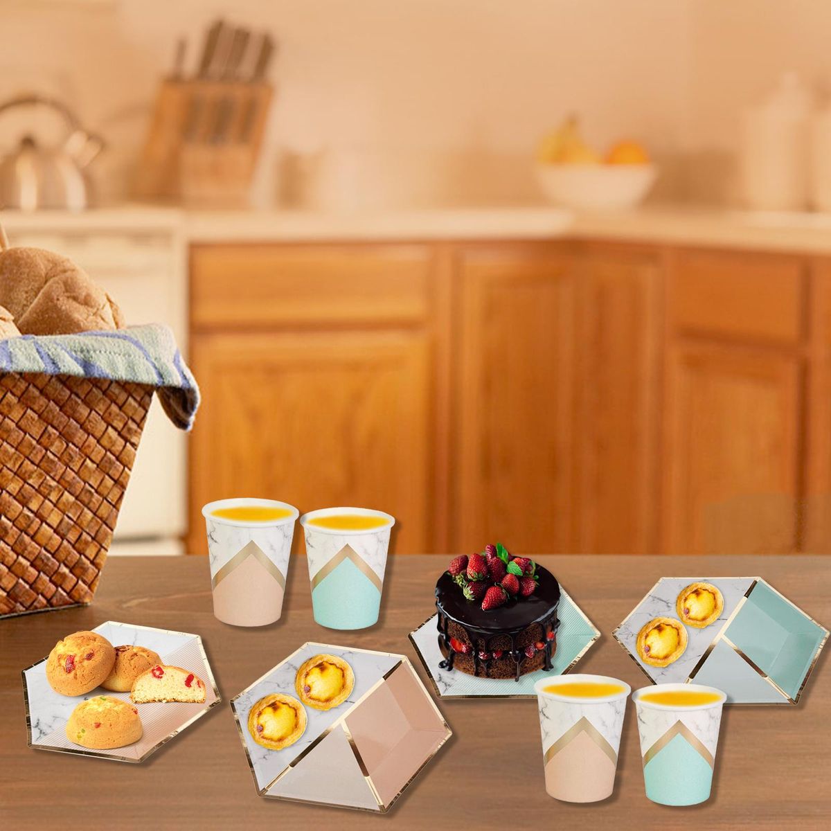 Disposable Tableware Set for 8 Guests Marble Pattern Disposable Paper Dinnerware Hexagon Plates Cups Napkins for Birthday Weddings Celebrations Kids Party