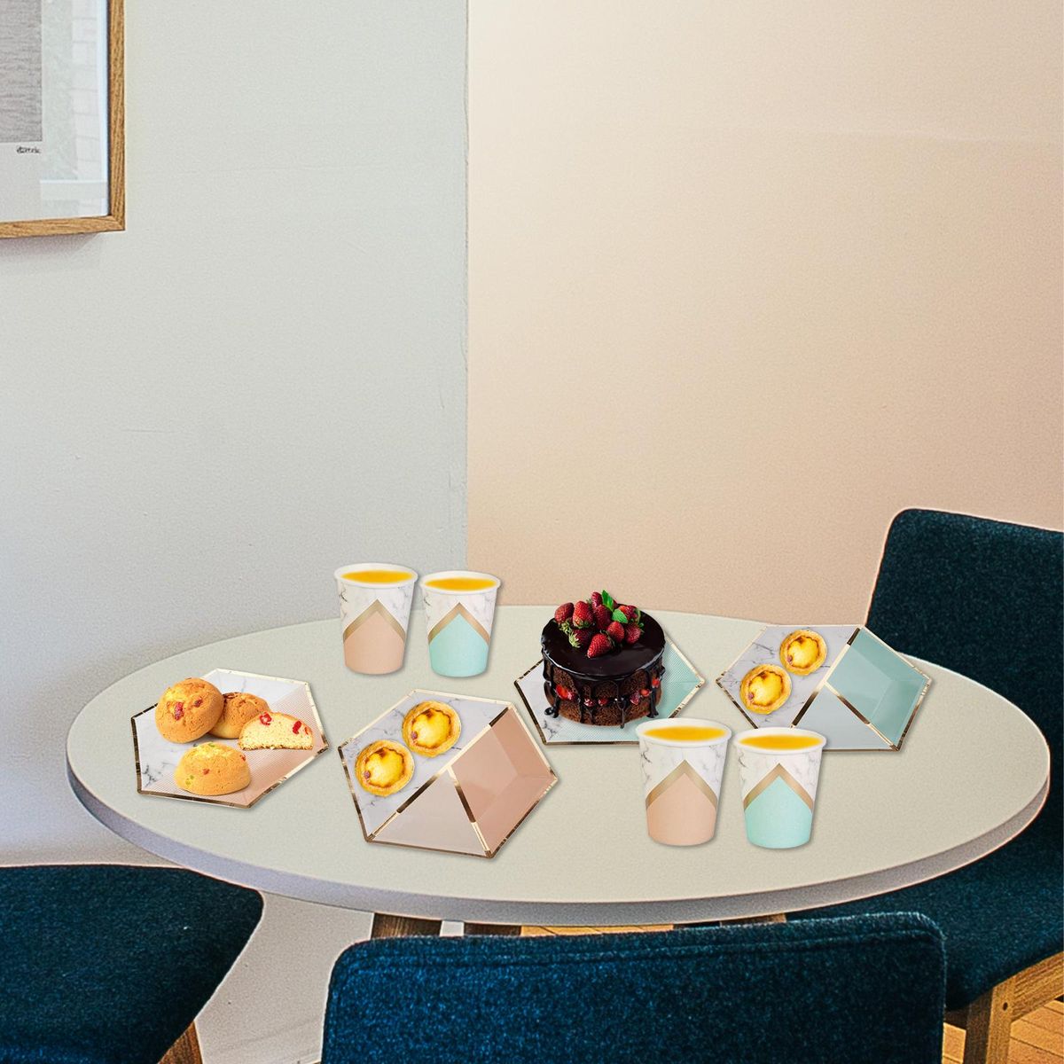Disposable Tableware Set for 8 Guests Marble Pattern Disposable Paper Dinnerware Hexagon Plates Cups Napkins for Birthday Weddings Celebrations Kids Party