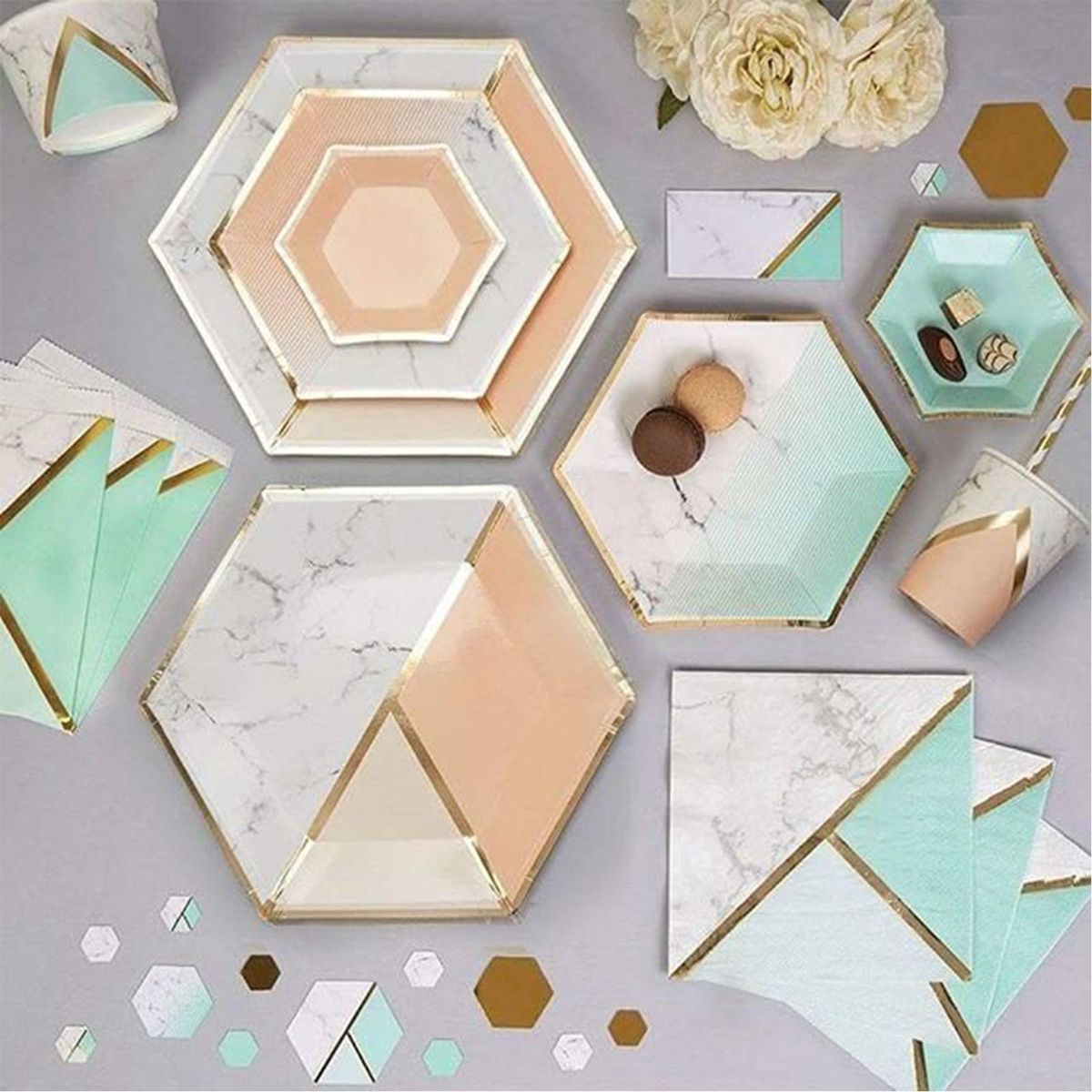 Disposable Tableware Set for 8 Guests Marble Pattern Disposable Paper Dinnerware Hexagon Plates Cups Napkins for Birthday Weddings Celebrations Kids Party