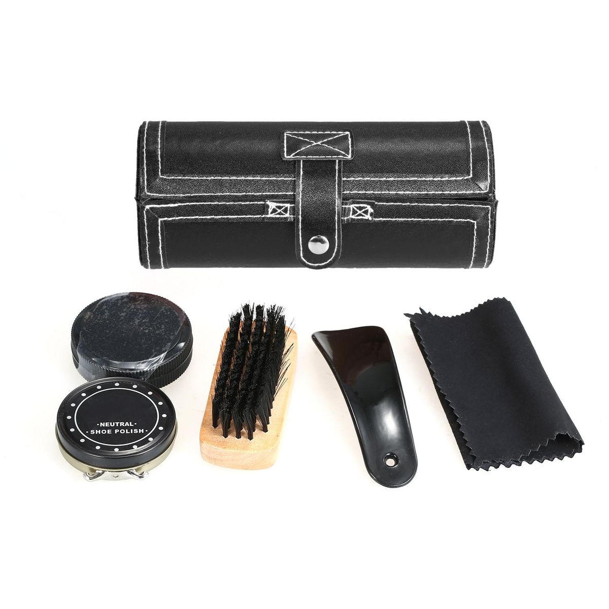 6PCS Shoe Polish Care Kit Leather Shoe Shine Set Shoe Brushes Compact Shoe Cleaning Kit with PU Leather Case Black