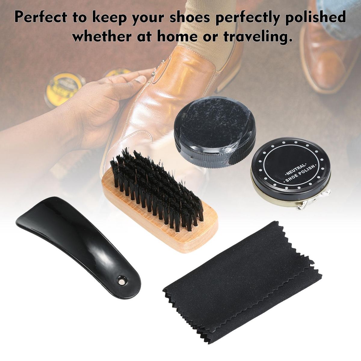 6PCS Shoe Polish Care Kit Leather Shoe Shine Set Shoe Brushes Compact Shoe Cleaning Kit with PU Leather Case Black