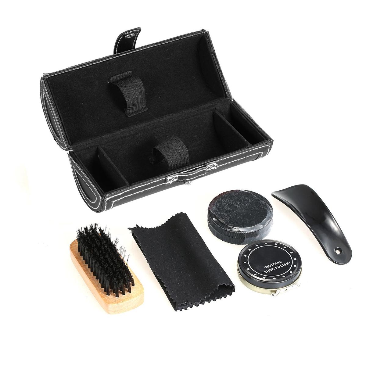 6PCS Shoe Polish Care Kit Leather Shoe Shine Set Shoe Brushes Compact Shoe Cleaning Kit with PU Leather Case Black