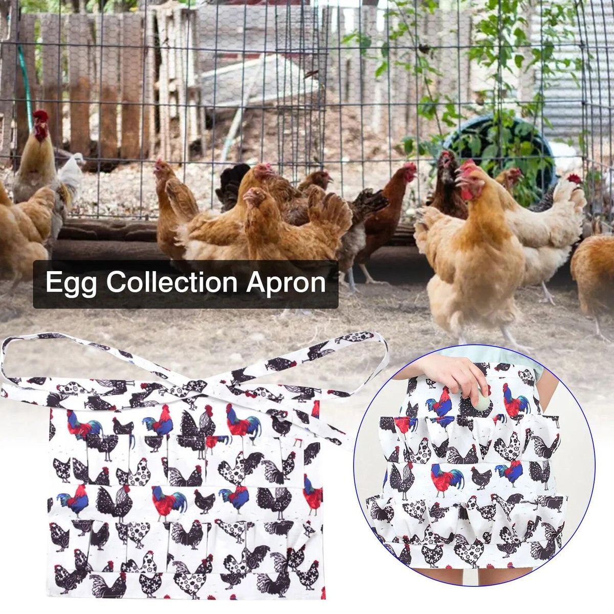 Chicken Egg Collection Apron Printed Pick Up Eggs Cooking Rice Anti-Dirty Multi-Pocket Apron Dishwash Anti-break Washable Skirt