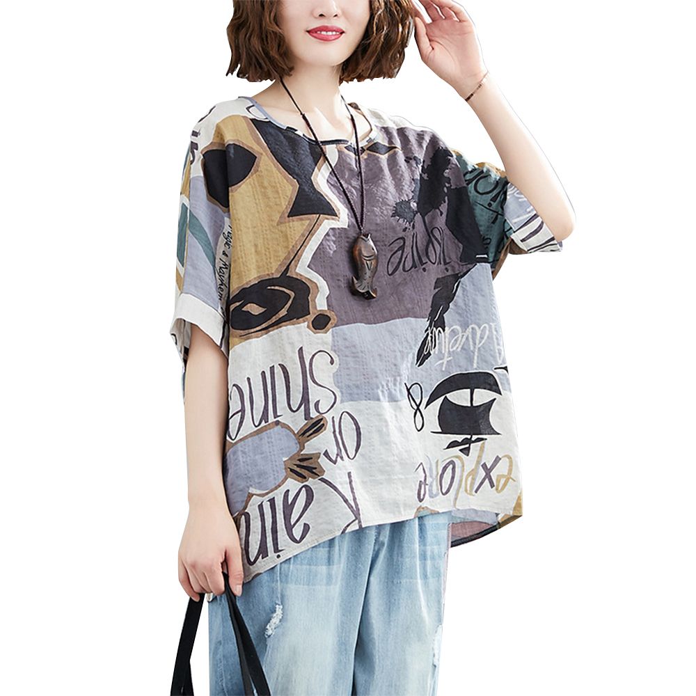 Women Folk Style Printed And Oversized Linen Top Loose