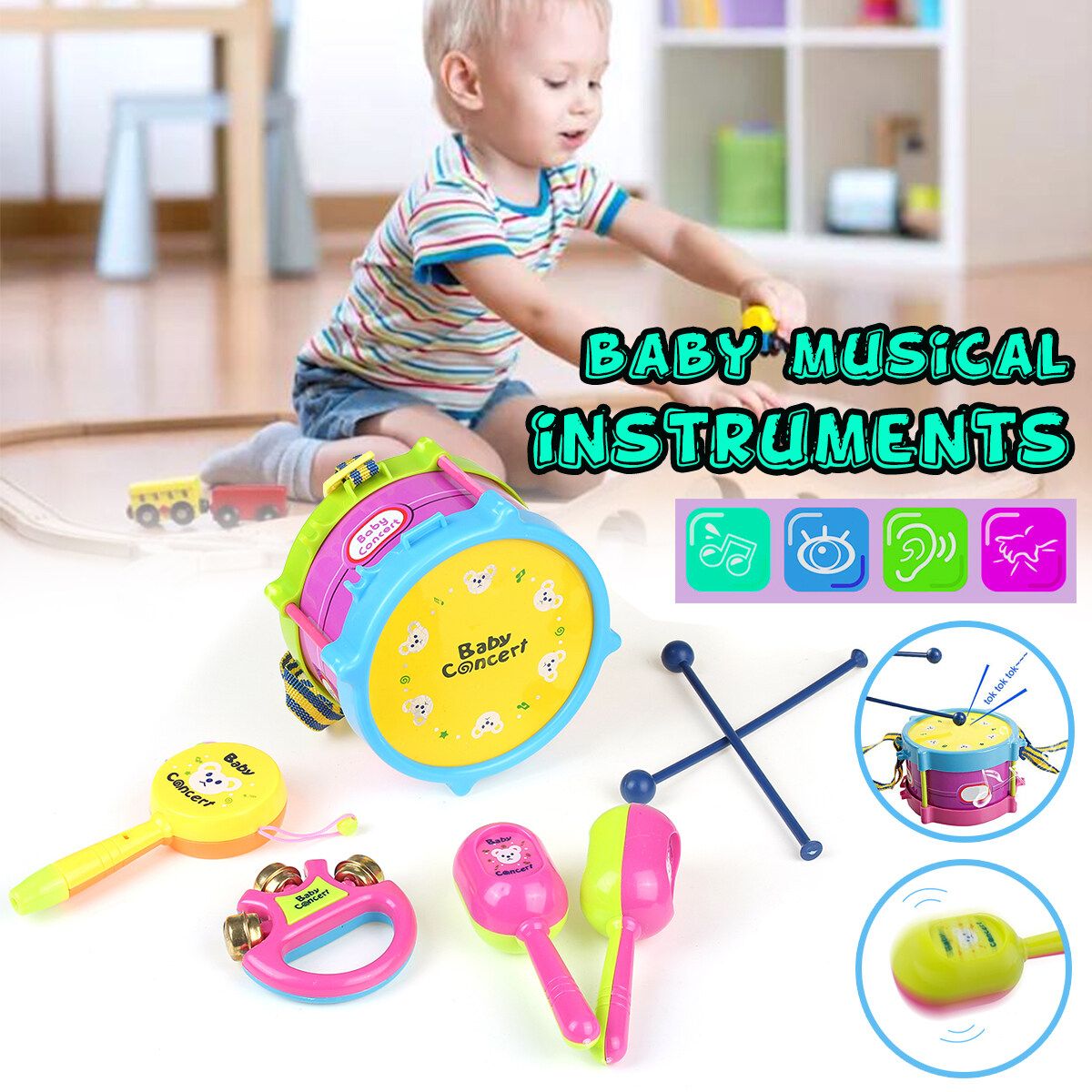 5pcs/Set Baby Boy Girl Drum Musical Instruments Kids Band Kit Children Gift Toys
