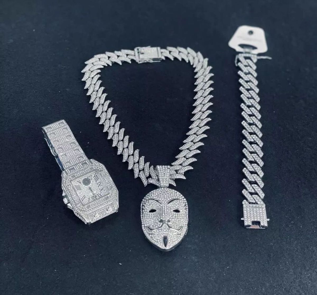 Authentic Diamond Iced Sophisticated Silver Steel Wristwatch + Necklace/Bracelet
