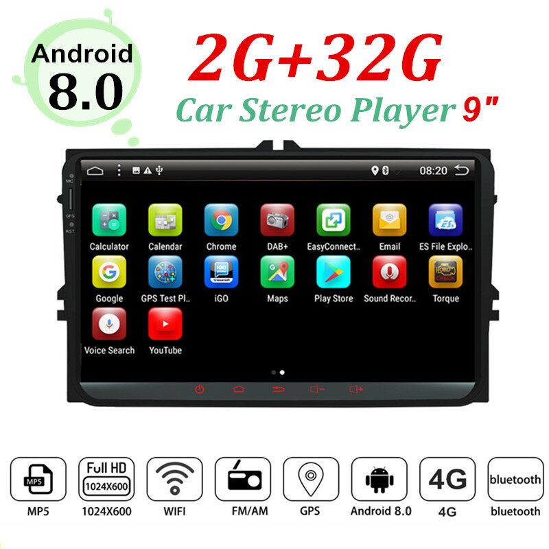 YH-709 9 Inch 2 DIN For Android 8.0 4 Core 2+32G Car Stereo Radio GPS Touch Screen 4G Bluetooth FM AM RDS Radio For VW Skodas