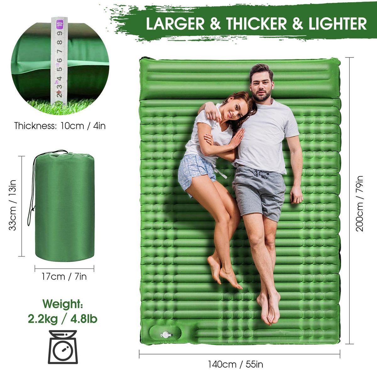 4'' Thick Inflatable Double Sleeping Pad with Pillow and Built-in Pump Lightweight Waterproof Sleeping Mat Air Mattress for Camping Car Traveling Hiking Backpacking