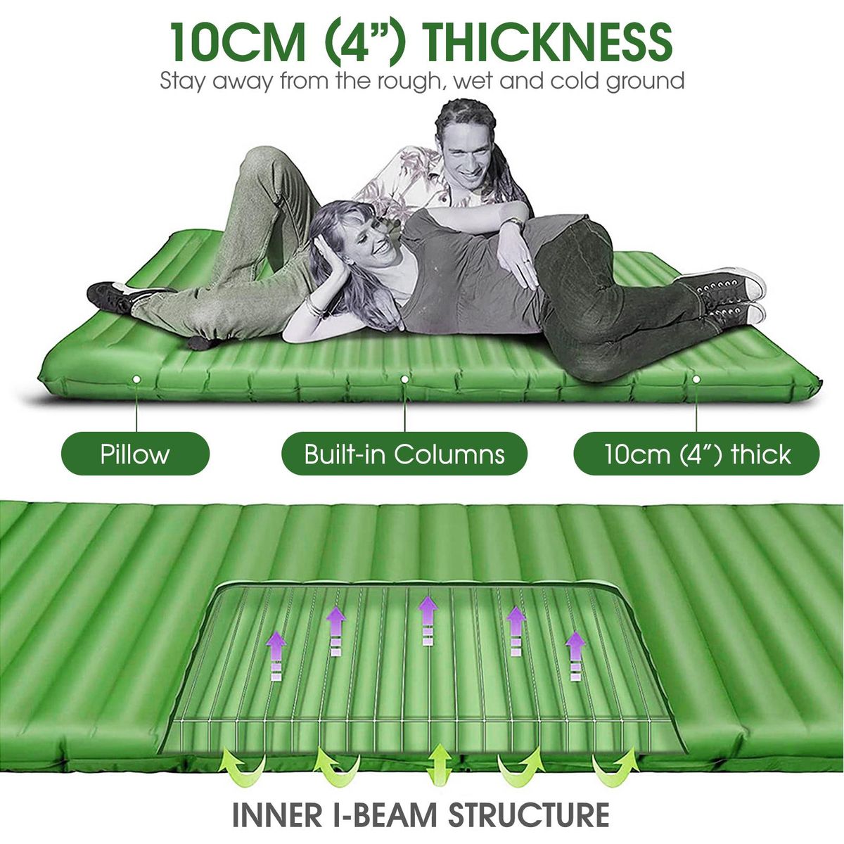 4'' Thick Inflatable Double Sleeping Pad with Pillow and Built-in Pump Lightweight Waterproof Sleeping Mat Air Mattress for Camping Car Traveling Hiking Backpacking