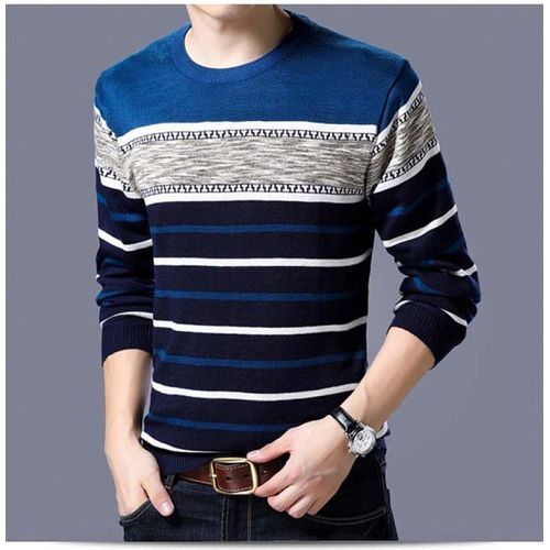 Mens Fashion Knitted Collar Sweater Striped Slim Fit Knittwear Autumn Cloths