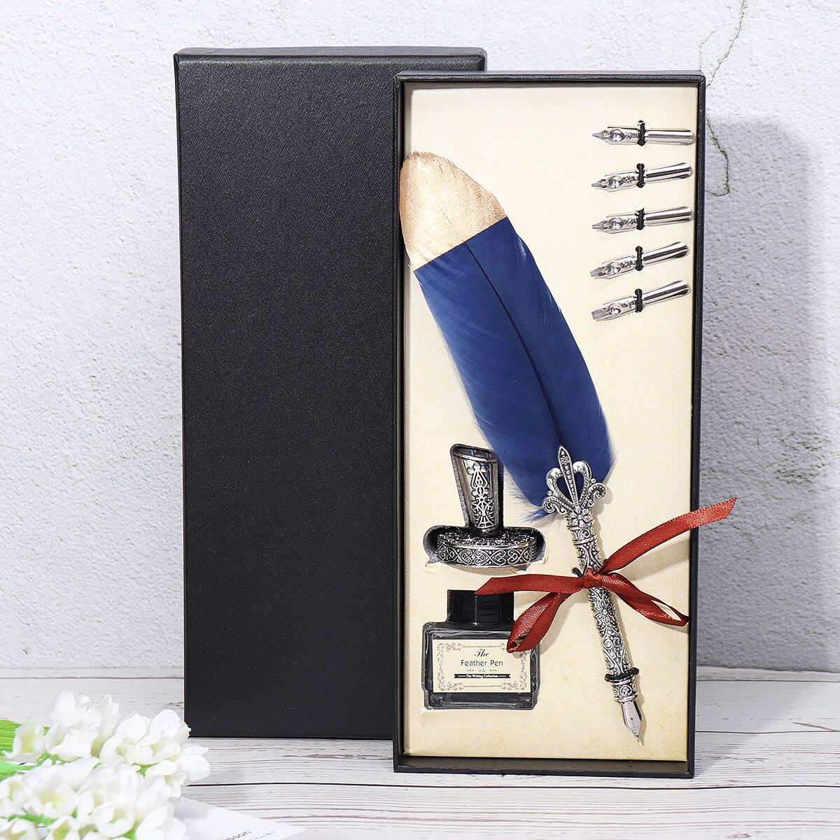 9 Pcs Vintage Feather Dip Pen Writing Ink Set With Ink Holder Stationery Luxury Calligraphy Fountain Gift Box Blue