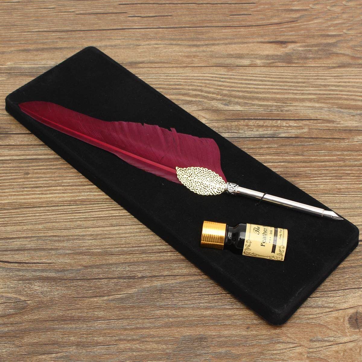 Antique Pure Goose Feather Quill Dip Pen And Ink Set Rare Stationery Gift Box Claret