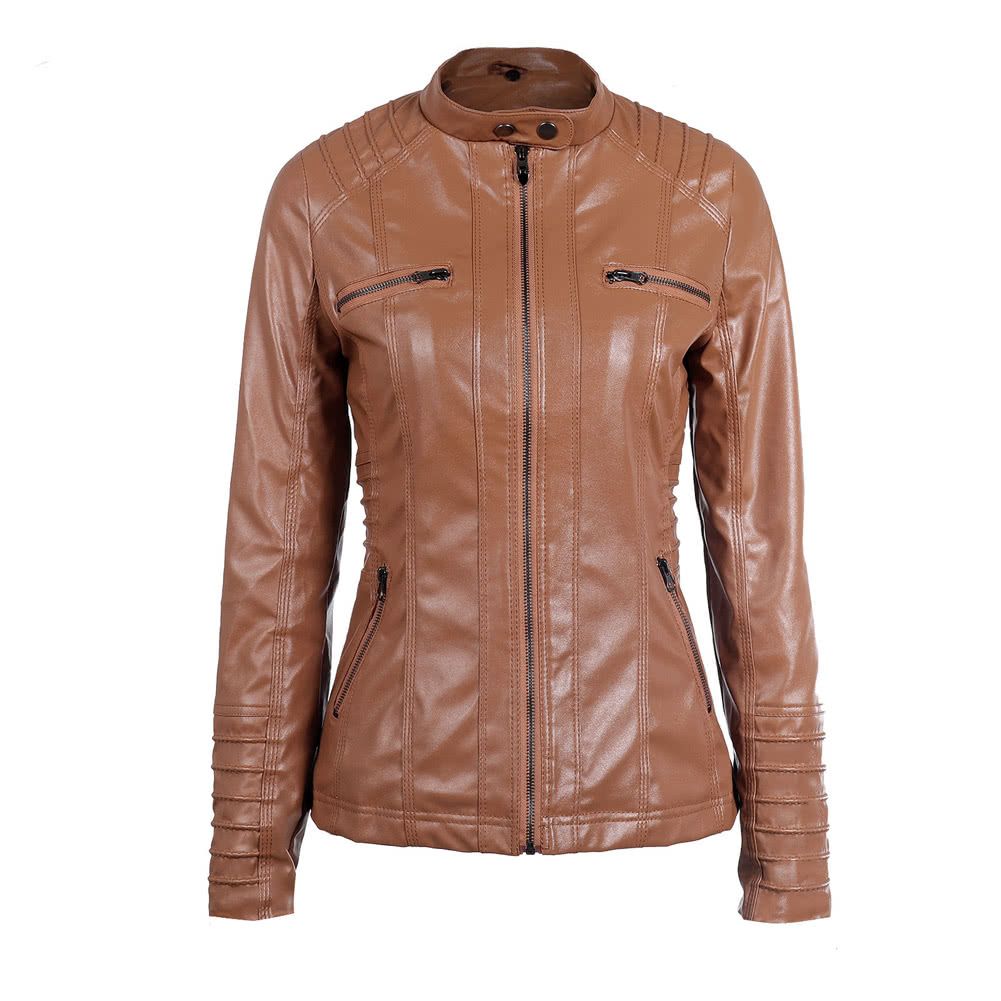 Women's Faux Leather Hooded Jacket Zippered Hoodie Short Slim Motorcycle Jacket Coat-brown