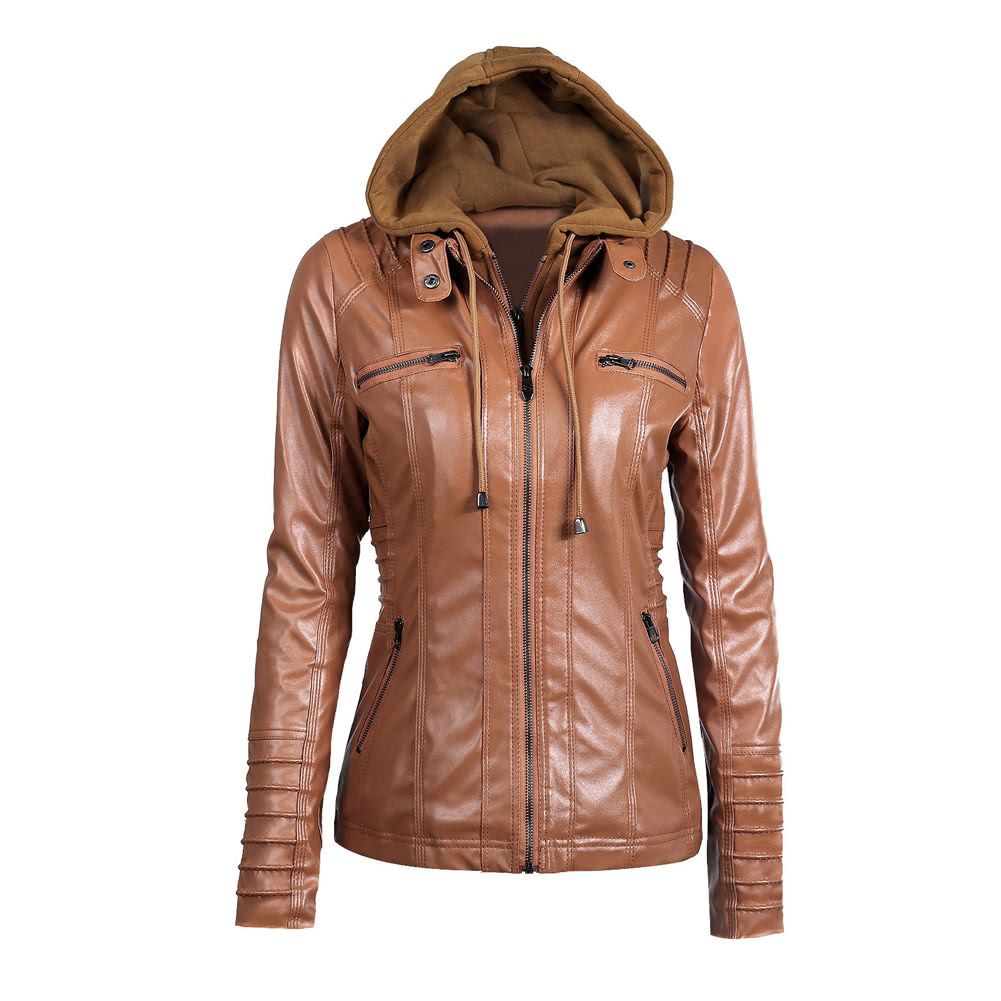 Women's Faux Leather Hooded Jacket Zippered Hoodie Short Slim Motorcycle Jacket Coat-brown
