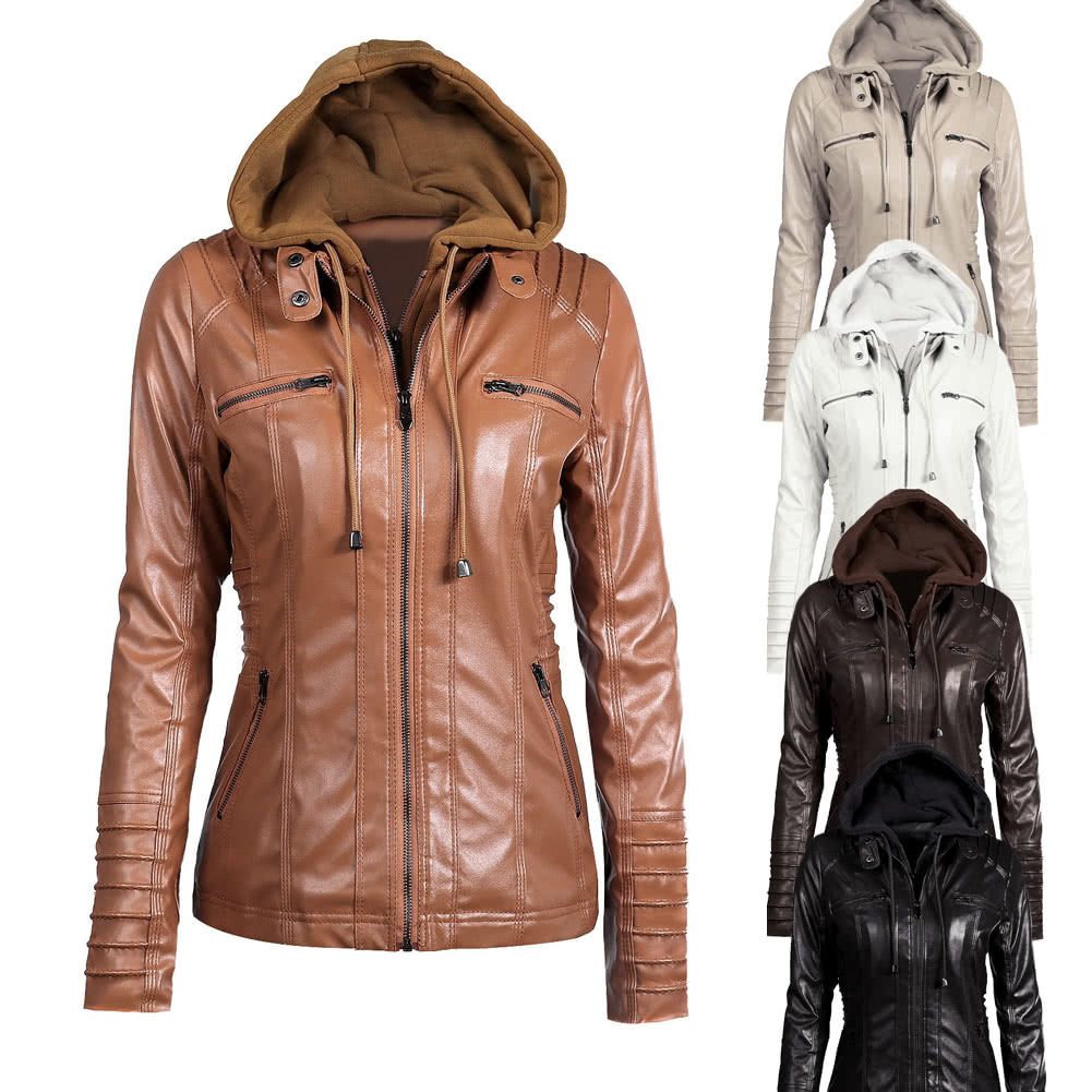 Women's Faux Leather Hooded Jacket Zippered Hoodie Short Slim Motorcycle Jacket Coat-brown