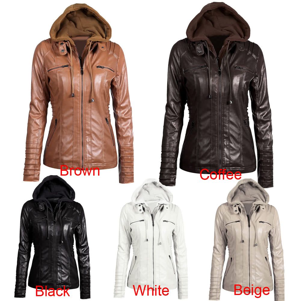 Women's Faux Leather Hooded Jacket Zippered Hoodie Short Slim Motorcycle Jacket Coat-brown