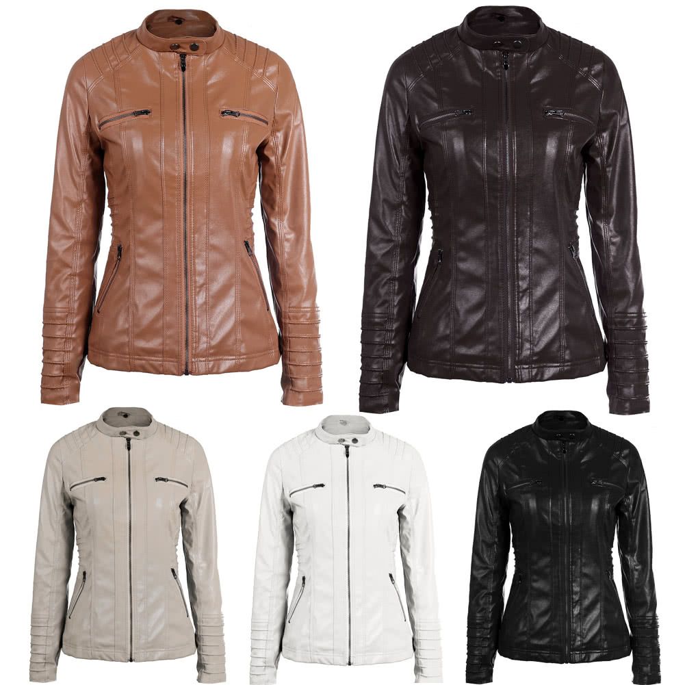 Women's Faux Leather Hooded Jacket Zippered Hoodie Short Slim Motorcycle Jacket Coat-brown