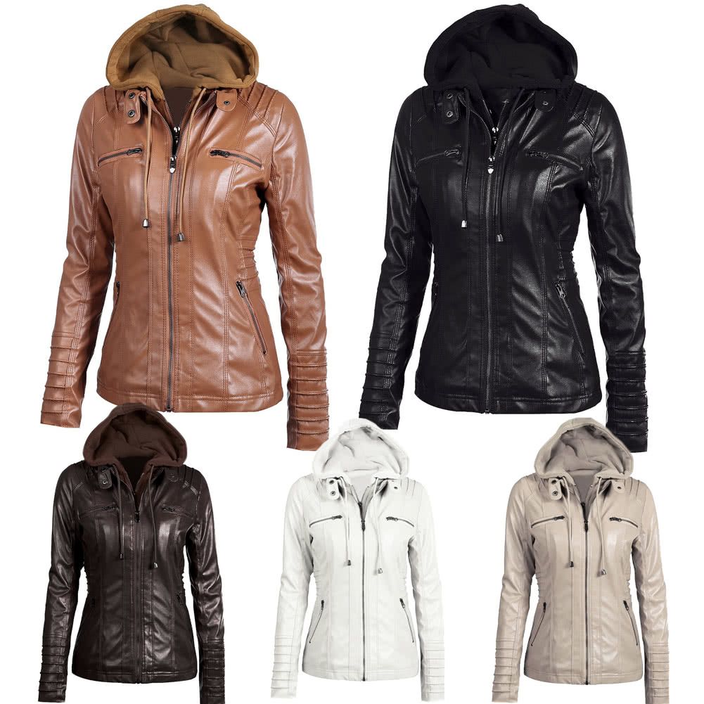 Women's Faux Leather Hooded Jacket Zippered Hoodie Short Slim Motorcycle Jacket Coat-brown