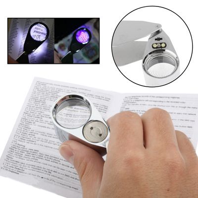 Full Metal Coating 40 X 25mm Magnifying Glass Magnifier With 2-LED Light For Jewelry Identifying & Money Detector Light(Silver)