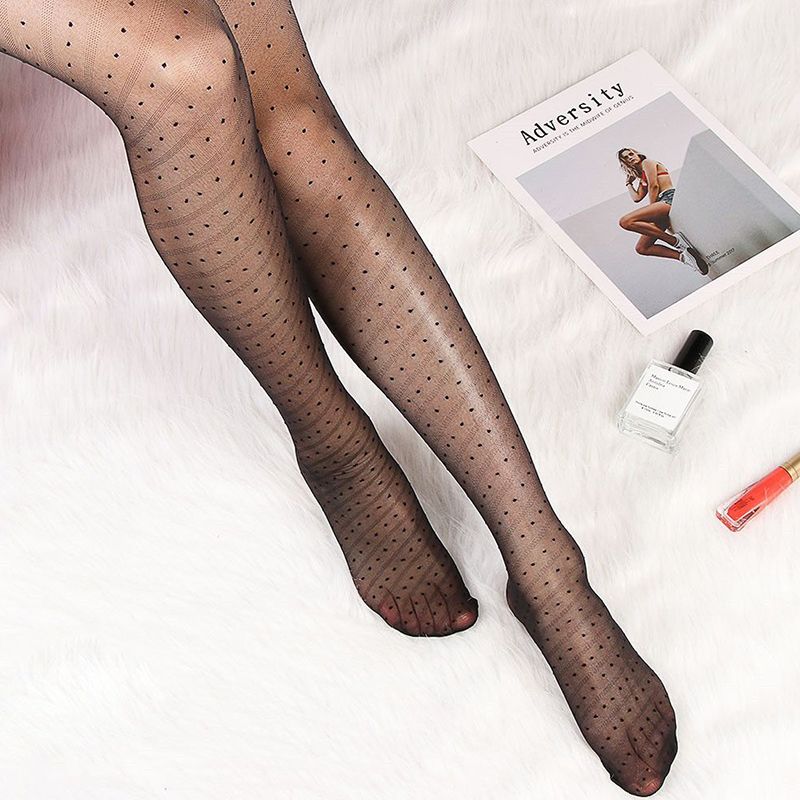 Y Lace Mesh Fishnet Hose Summer Nylon Polka Dot Print Tight Stocking Female Hosiery Black Slash Dot