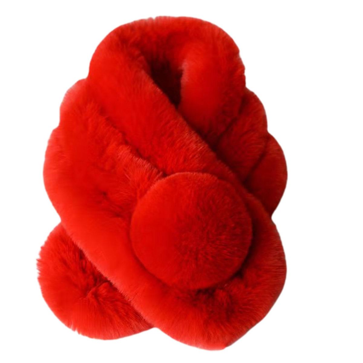 Faux Fur Solid Color Winter Scarf Plush Ball Wide-Red