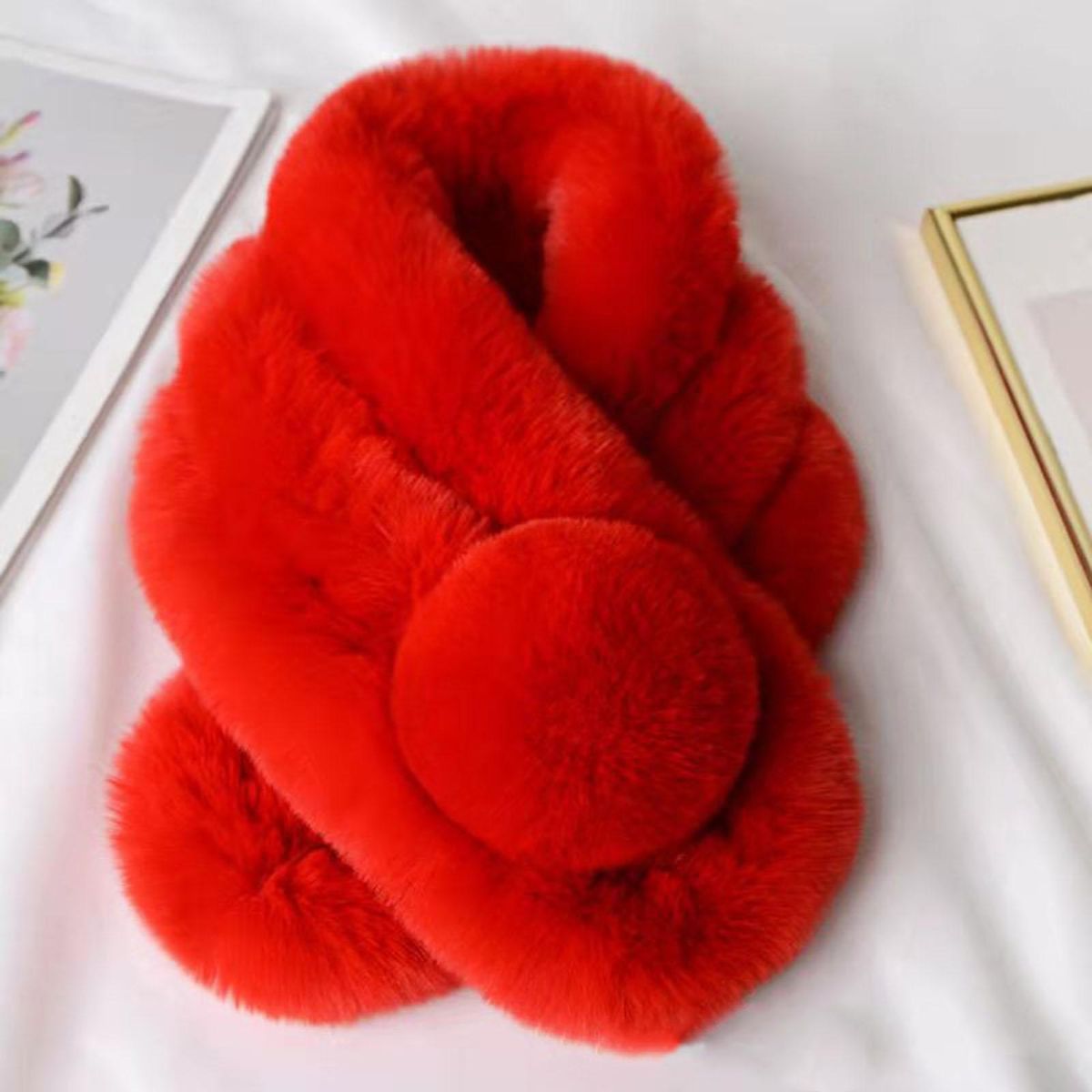 Faux Fur Solid Color Winter Scarf Plush Ball Wide-Red