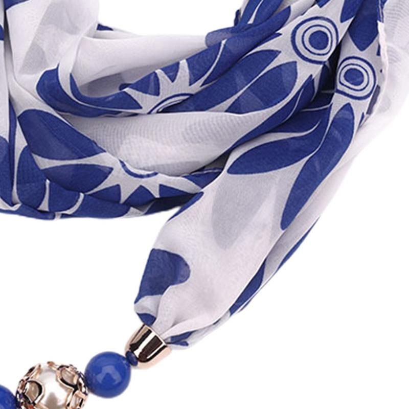 Beads Pendant Floral Print Necklace Scarf Simple-Royal Blue