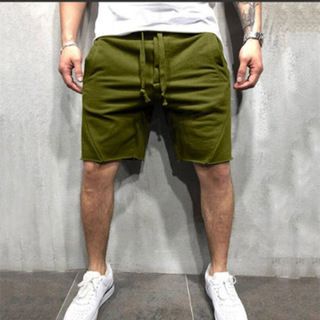 Men Cotton Loose Gym Fitness Shorts Bodybuilding Joer Raw-Edge Summer Short Pants Quick Dry Beach Board Sweatpants- Green