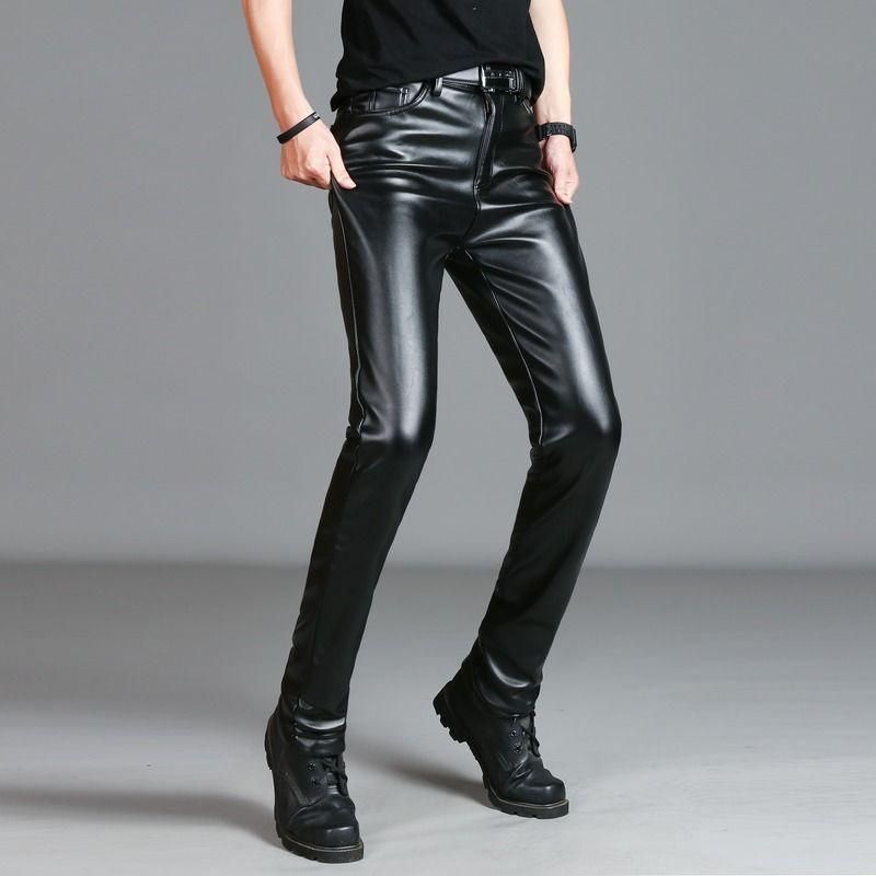Black Elastic Elastic Mens Fur Pants Set For Informal Business Motorcycle PU Leather Velvet Business