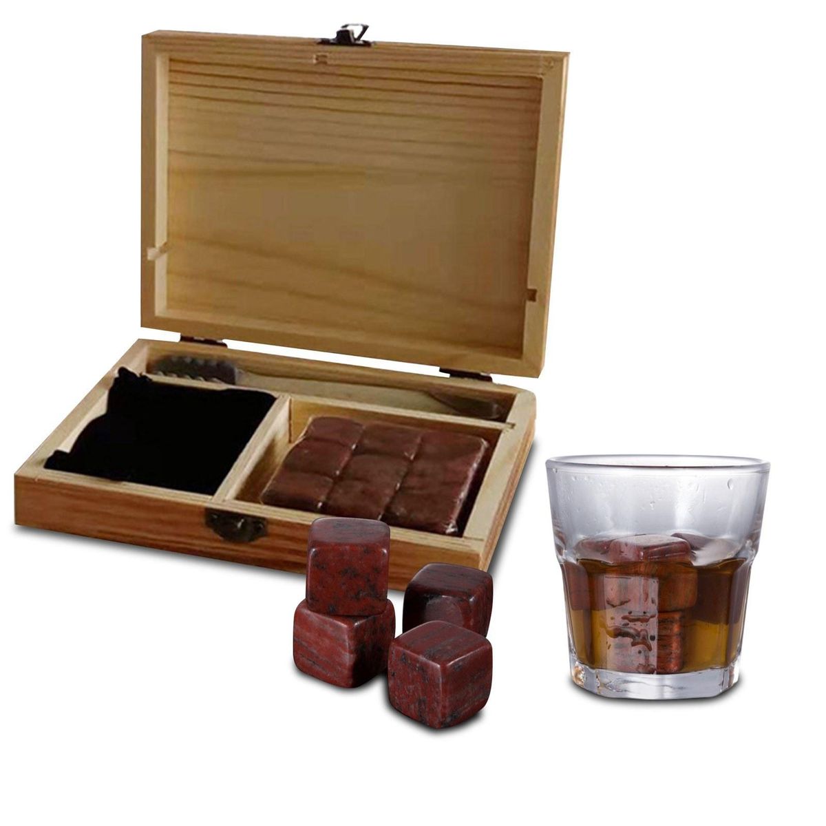9PCS Whiskey Stones Set Chilling Stones Whiskey Ice Stones with Wooden Box and Tongs Chilling Rocks Drinks Cooler Cubes Reusable for Whiskey Wine Beer Juice