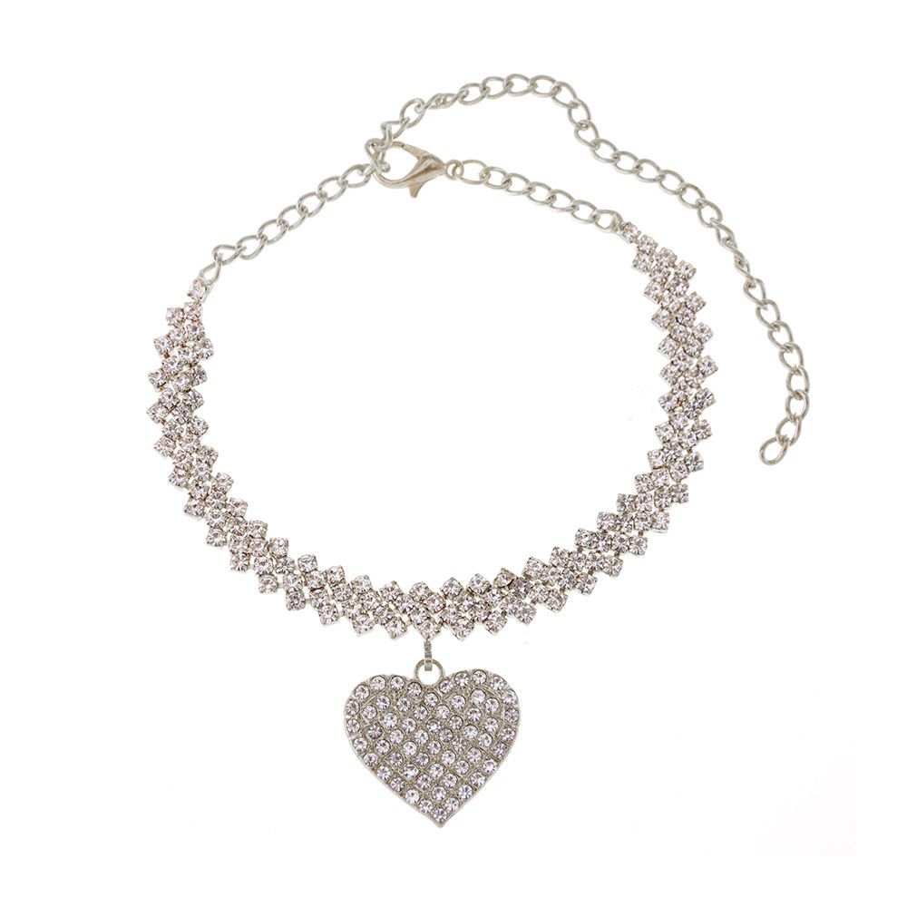 Rhinestone Chain Crystal Heart Pendant Anklet Leg Chain Jewelry-Silver
