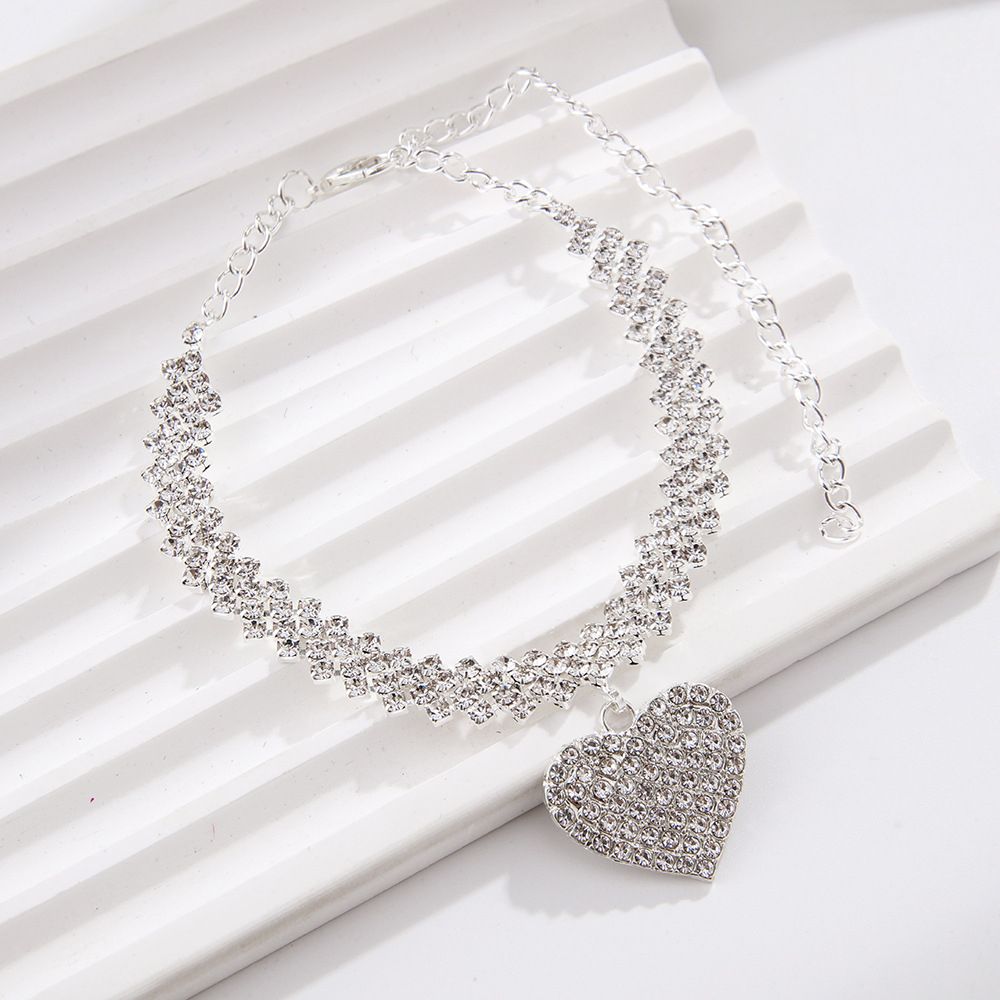 Rhinestone Chain Crystal Heart Pendant Anklet Leg Chain Jewelry-Silver
