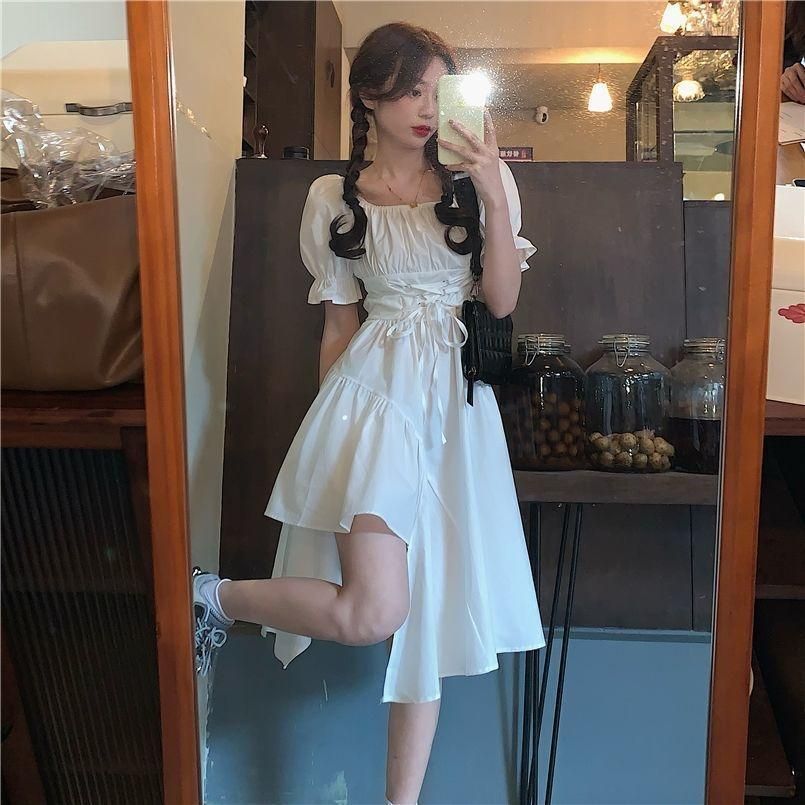 Irregular bubble sleeve dress for women in summer design sense of the small crowd Hepburn style ins