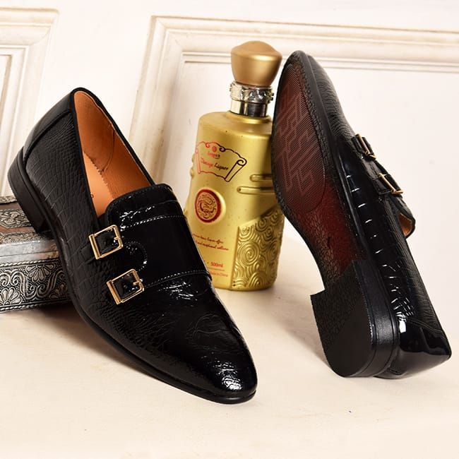 DOUBLE BUKKLE ITALIAN LEATHER BLACK  SHOE