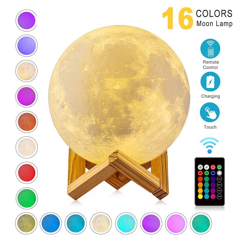 LED Night 3D Print Moon Lamp 16 Colors Rechargeable Change