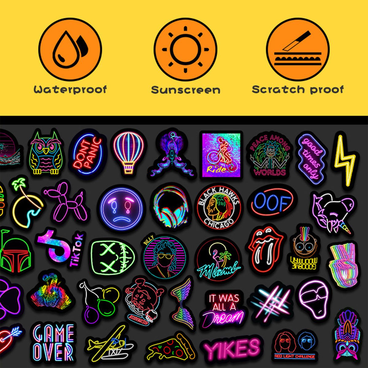 50Pcs Neon Light Sticker Waterproof Reusable DIY Car Guitar-