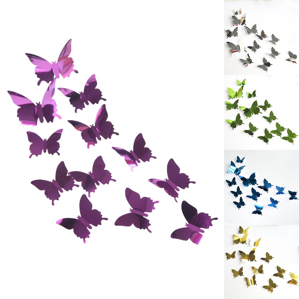 12Pcs/Set Butterfly 3D Mirror PVC Wall Art Sticker-Purple