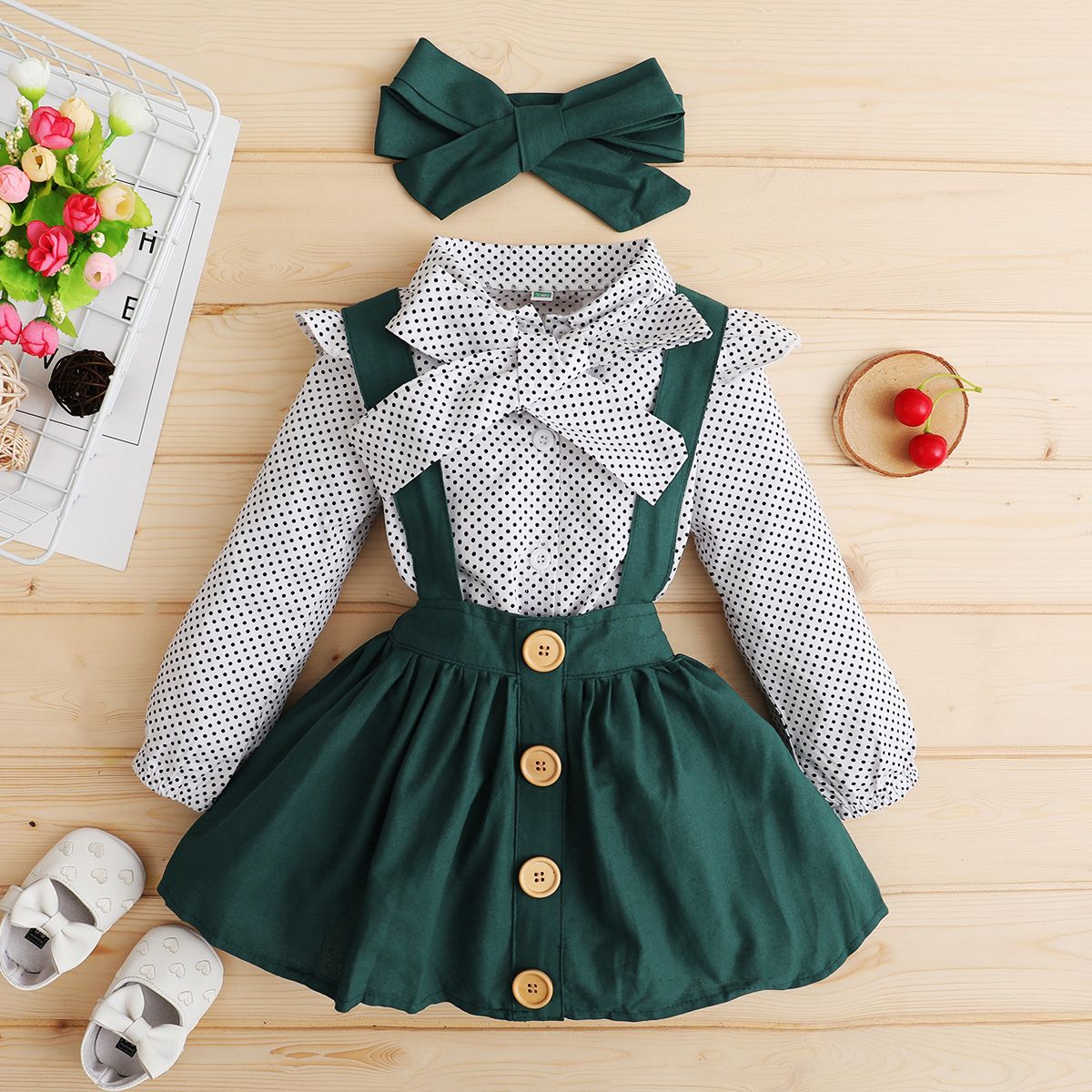 Infant Girl Autumn Winter Long Sleeve Green Skirt Outfit Set