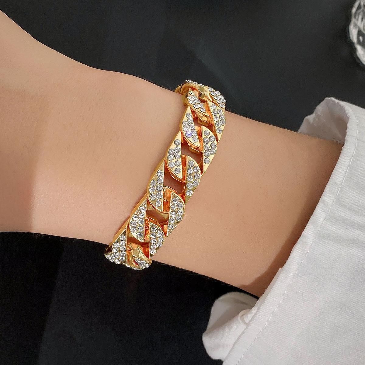 2 Pcs Set Hand Chain Bracelet Diamond Iced Out Cuban Curb Gold + Silver