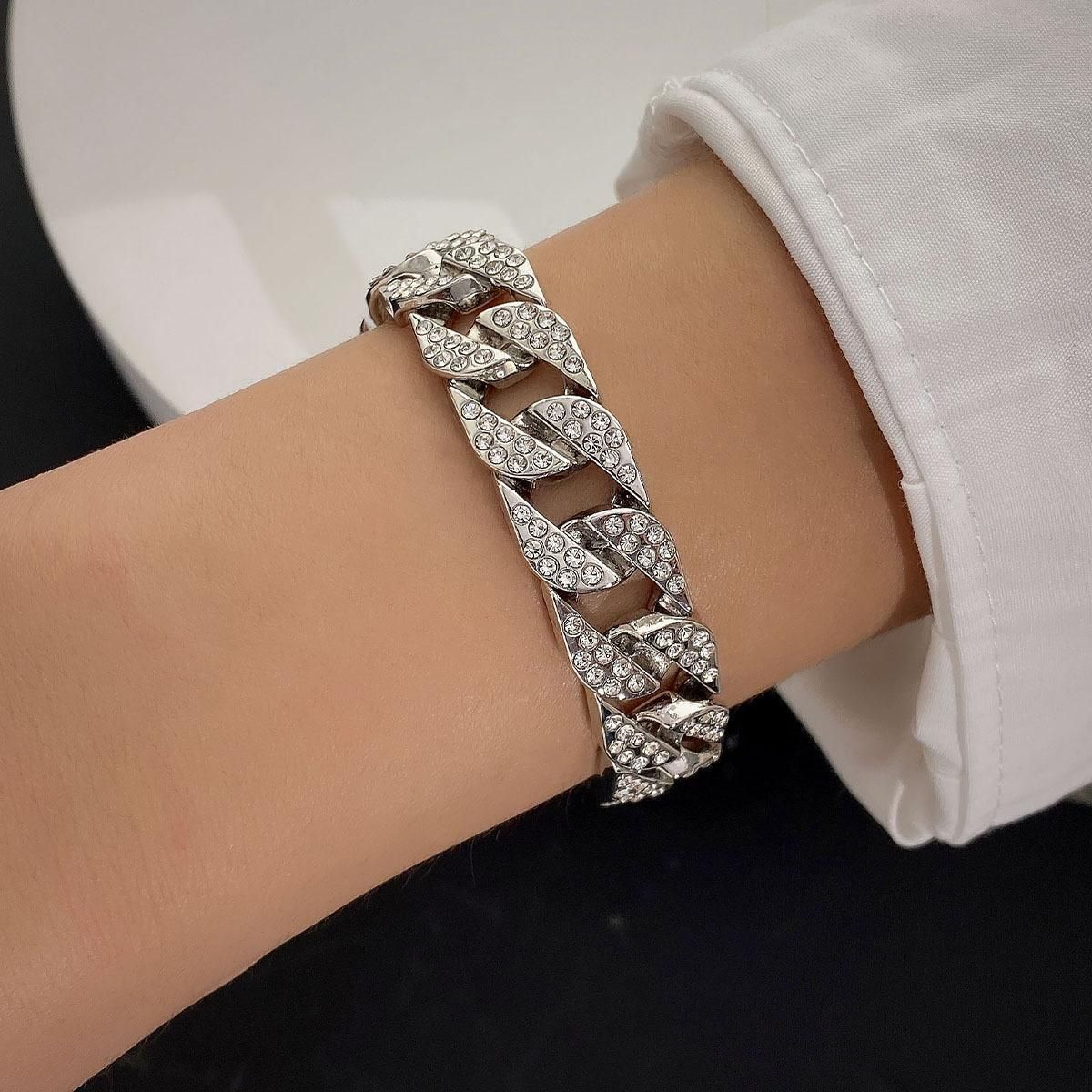 2 Pcs Set Hand Chain Bracelet Diamond Iced Out Cuban Curb Gold + Silver