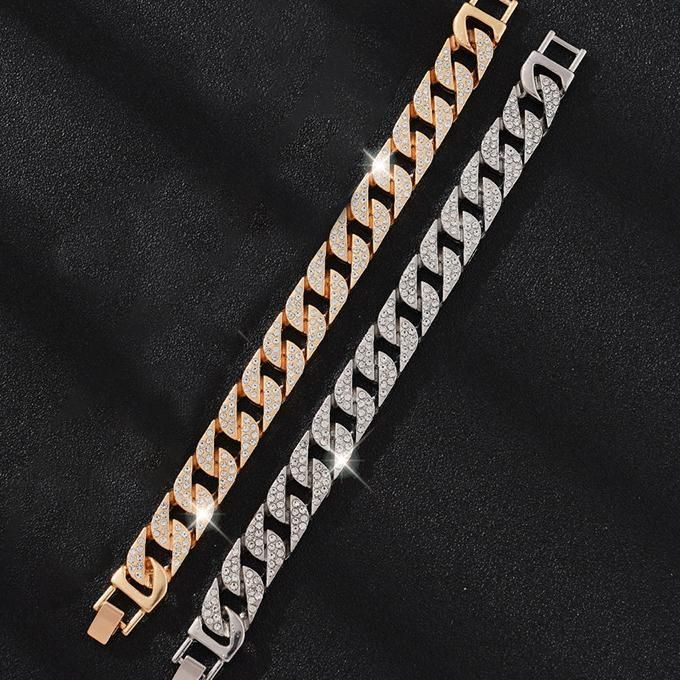 2 Pcs Set Hand Chain Bracelet Diamond Iced Out Cuban Curb Gold + Silver