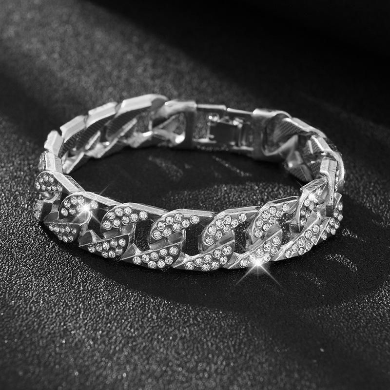 2 Pcs Set Hand Chain Bracelet Diamond Iced Out Cuban Curb Gold + Silver
