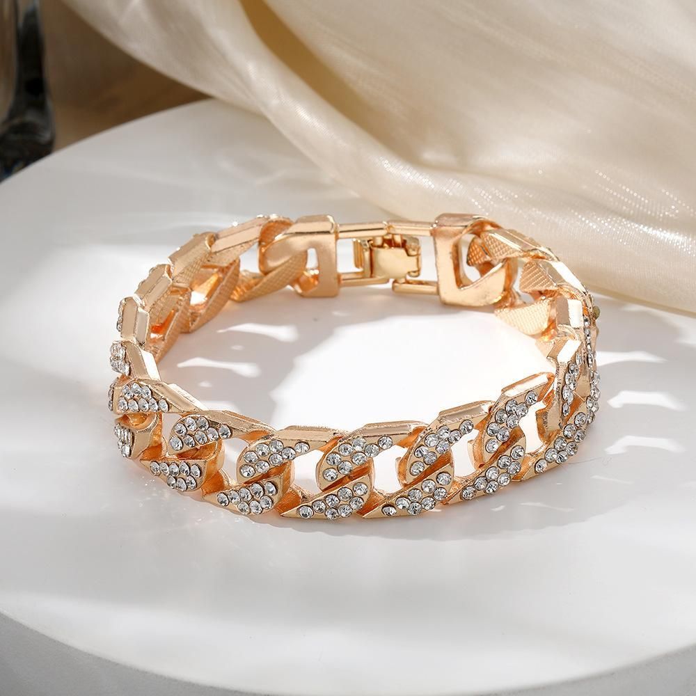 2 Pcs Set Hand Chain Bracelet Diamond Iced Out Cuban Curb Gold + Silver