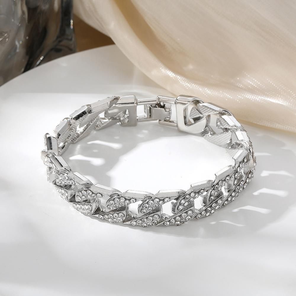2 Pcs Set Hand Chain Bracelet Diamond Iced Out Cuban Curb Gold + Silver
